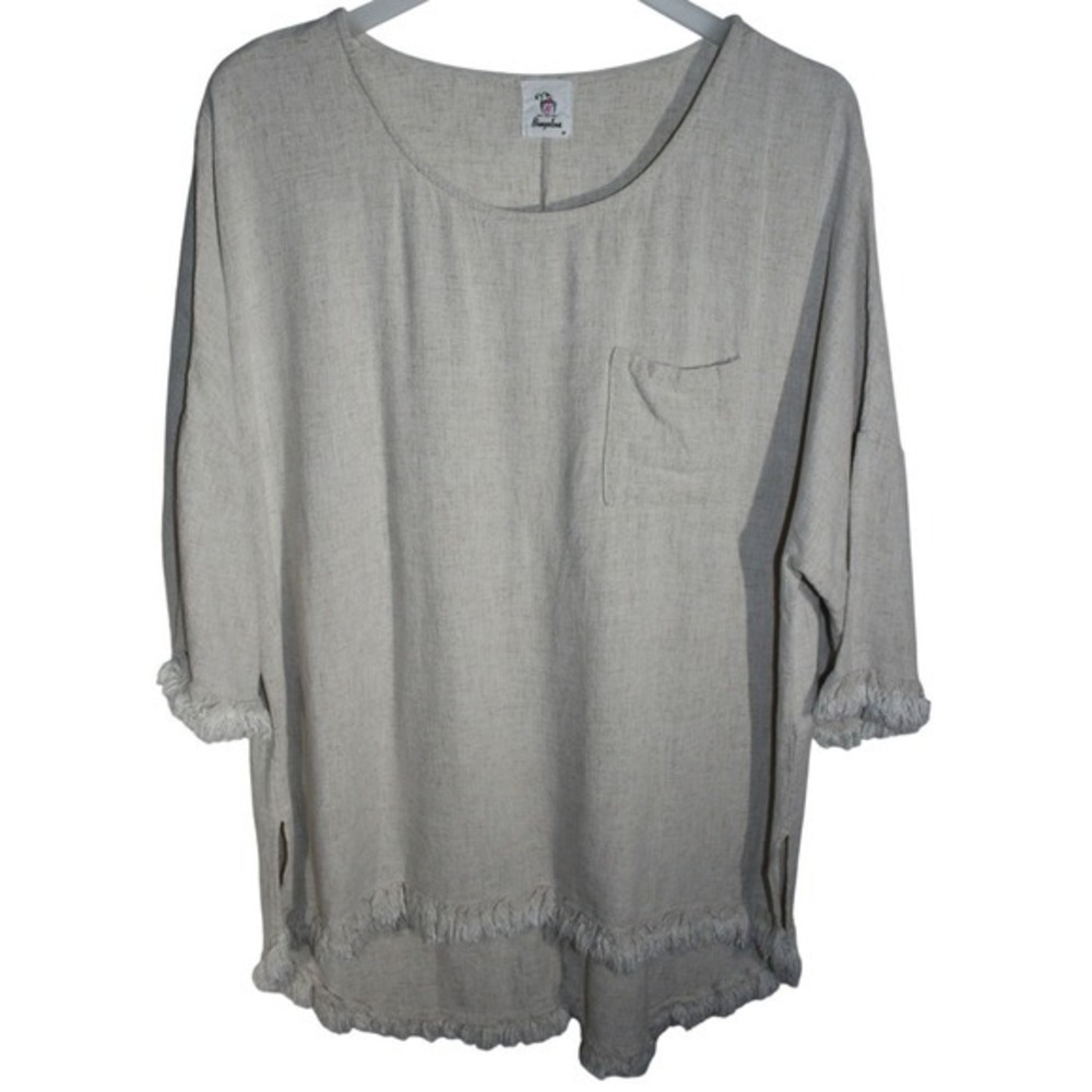 Bungalows Womens‎ Linen Blend Fringe Trim Top Beige C2046 Medium